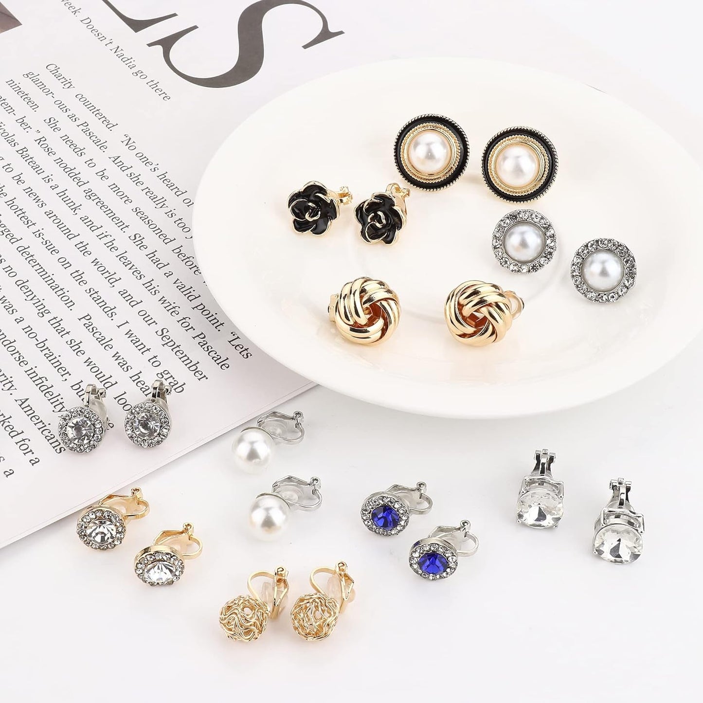 Elegant Clip-On Earrings Set for Women - 10 Pairs of CZ Flower & Freshwater Pearl Designs