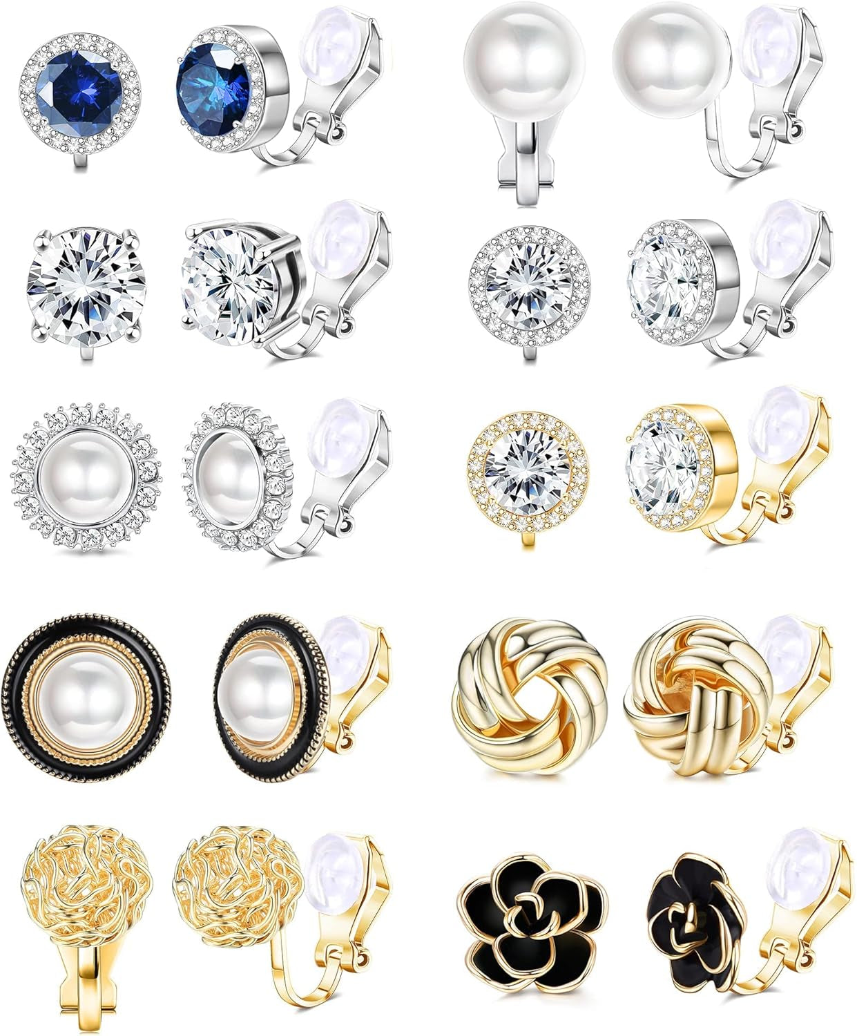 Elegant Clip-On Earrings Set for Women - 10 Pairs of CZ Flower & Freshwater Pearl Designs