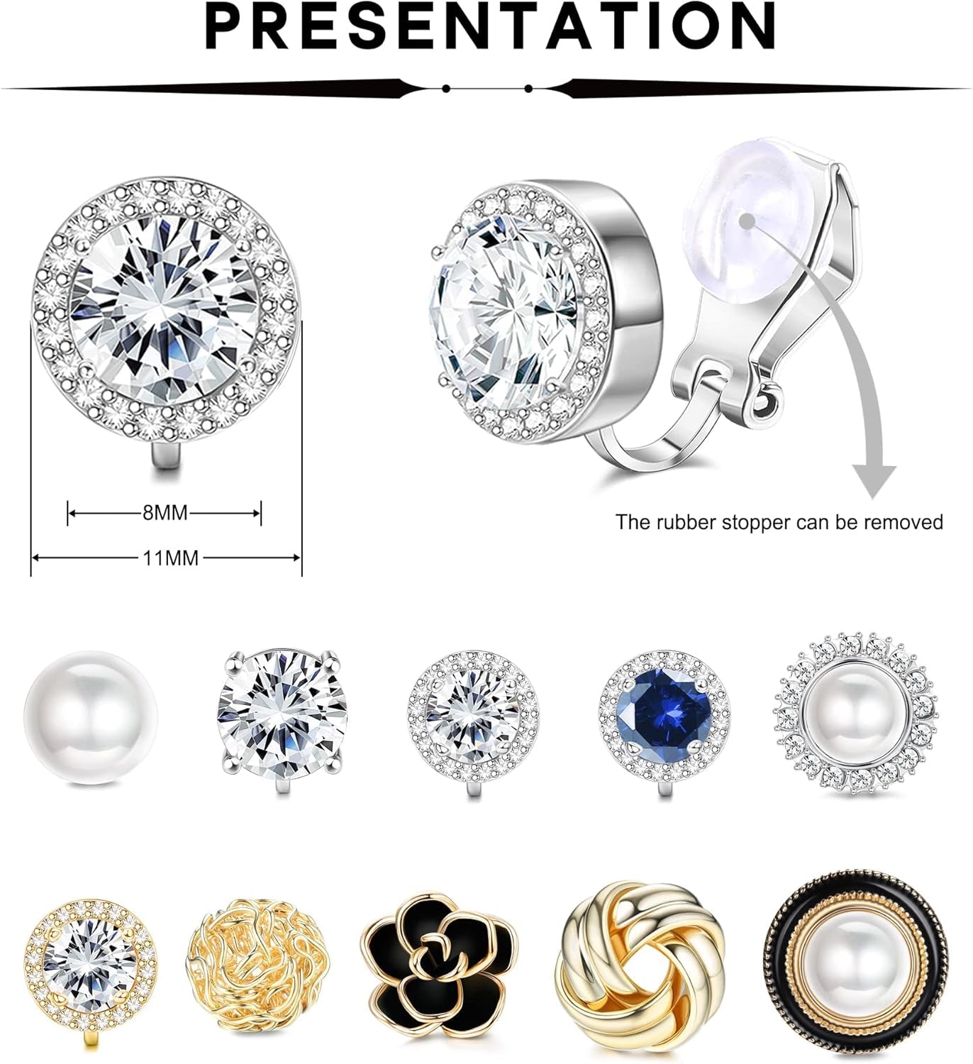 Elegant Clip-On Earrings Set for Women - 10 Pairs of CZ Flower & Freshwater Pearl Designs